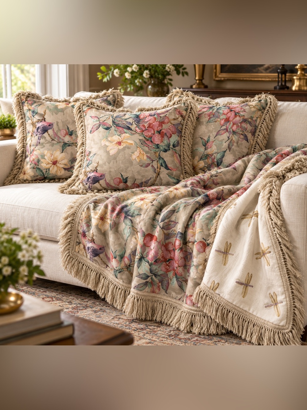 Estate Custom chinoiserie Floral Fringe Throw Pillows (3) with matching throw. -